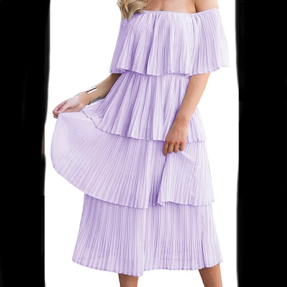 Lavender Purple Medium Off shoulder Ruffle dress Midi Dress Beach Dress Summer
